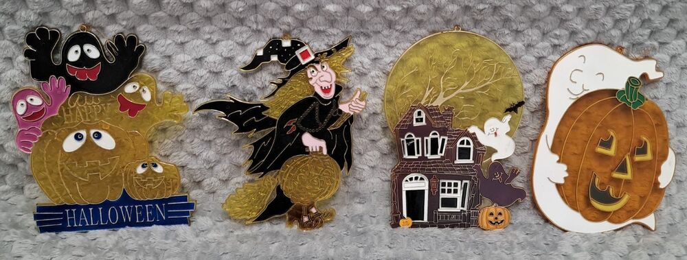 Lot 4 VTG 90's Pumpkin Time Halloween Suncatcher Ghosts Witch House Pumpkins